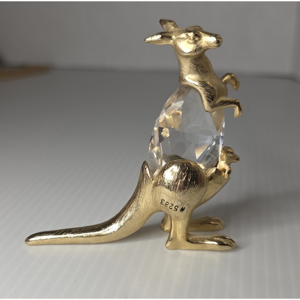 Vintage Gold Tone Kangaroo Figurine Clear Faceted Crystal Animal Collectible